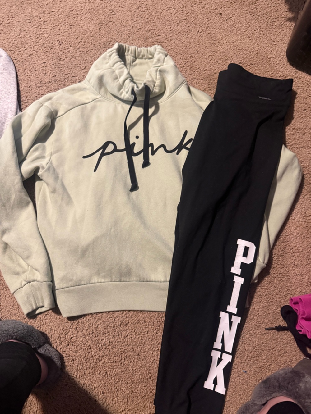 PINK Script Pullover Hoodie + PINK Logo Leggings Set - Mint & Black